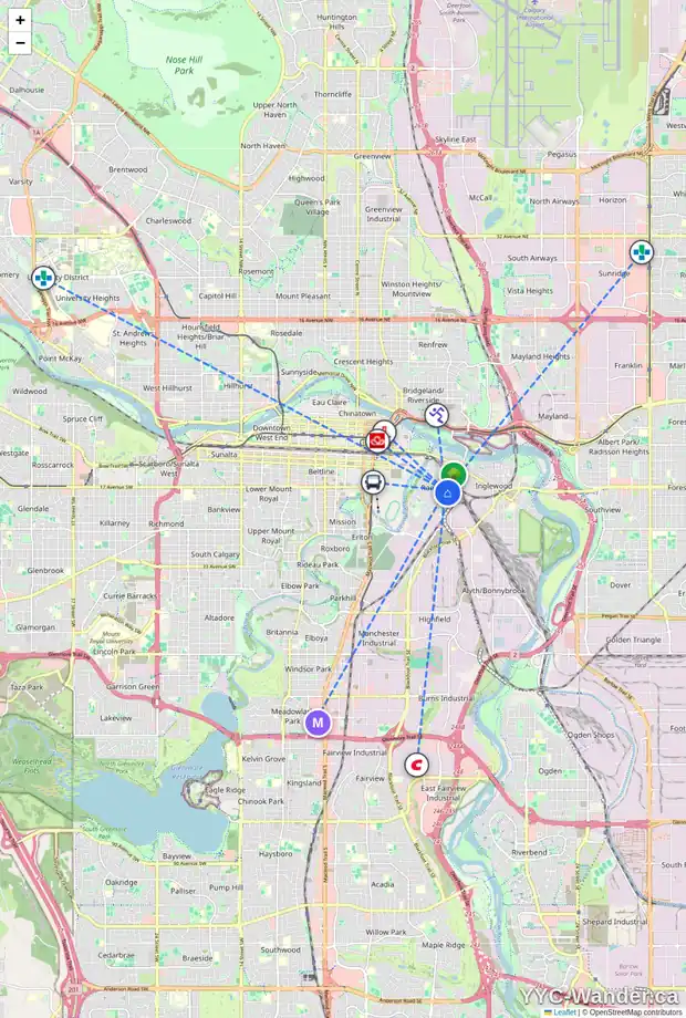 Daily accessibility map for 1024 18 AV SE, Calgary showing nearby schools, grocery stores, parks, LRT stations and nearby amenities
