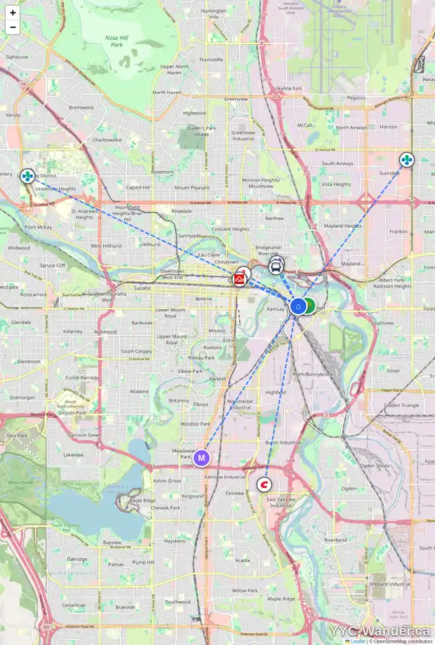 Daily accessibility map for 1411 10 AV SE, Calgary showing nearby schools, grocery stores, parks, LRT stations and nearby amenities