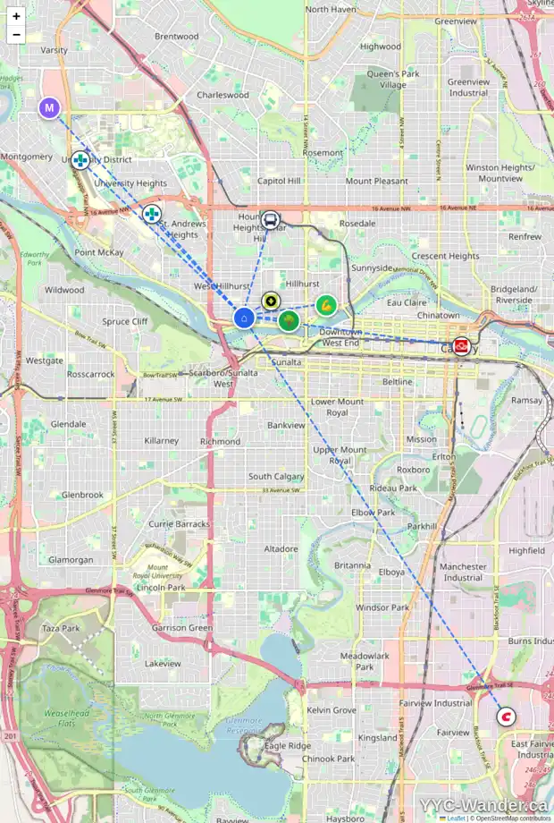 Daily accessibility map for 2136 BROADVIEW RD NW, Calgary showing nearby schools, grocery stores, parks, LRT stations and nearby amenities