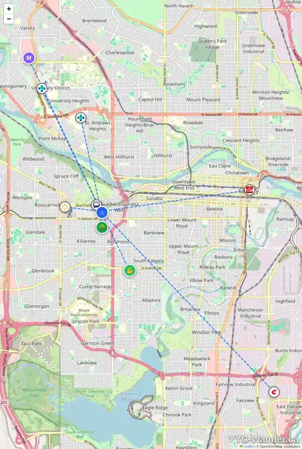 Daily accessibility map for 2652 14 AV SW, Calgary showing nearby schools, grocery stores, parks, LRT stations and nearby amenities