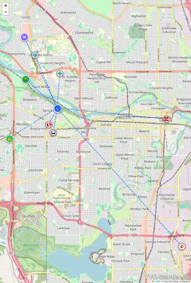 Daily accessibility map for 2 316 CEDAR CR SW, Calgary showing nearby schools, grocery stores, parks, LRT stations and nearby amenities
