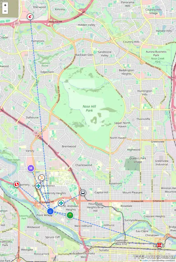 Daily accessibility map for 708 37 ST NW, Calgary showing nearby schools, grocery stores, parks, LRT stations and nearby amenities