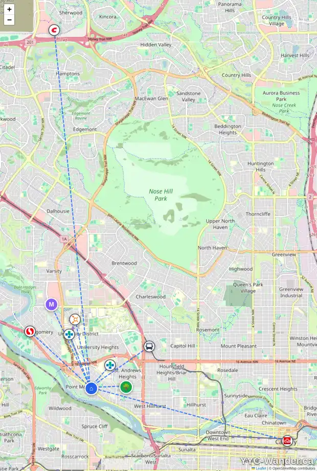 Daily accessibility map for 3540 3 AV NW, Calgary showing nearby schools, grocery stores, parks, LRT stations and nearby amenities