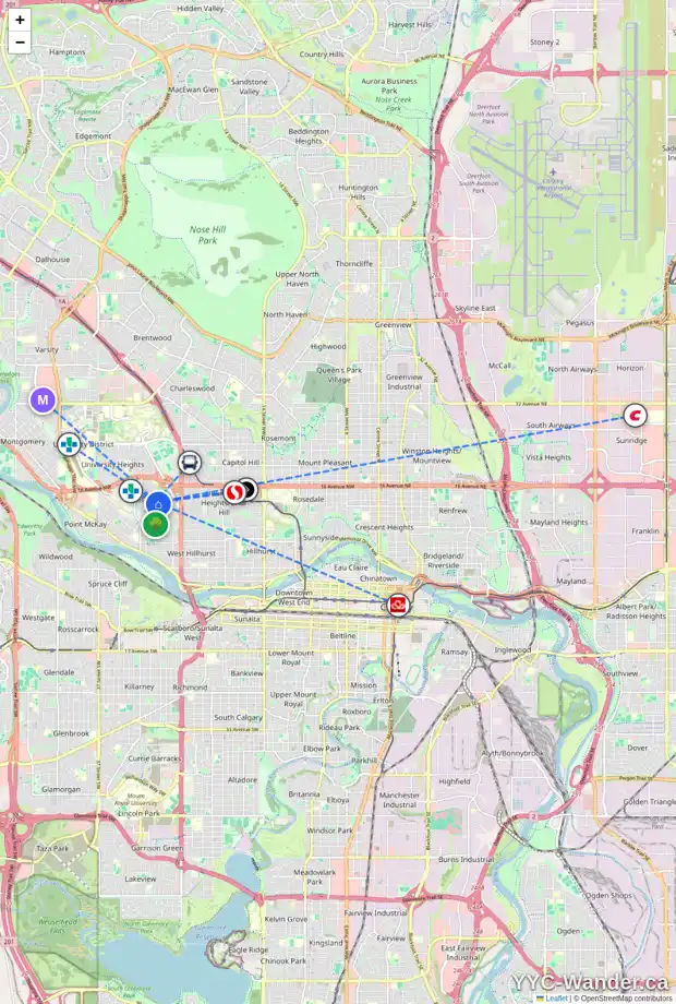 Daily accessibility map for 2803 14 AV NW, Calgary showing nearby schools, grocery stores, parks, LRT stations and nearby amenities
