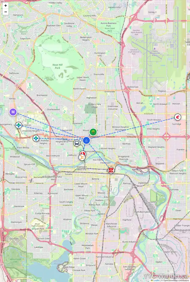 Daily accessibility map for 1436 9 ST NW, Calgary showing nearby schools, grocery stores, parks, LRT stations and nearby amenities