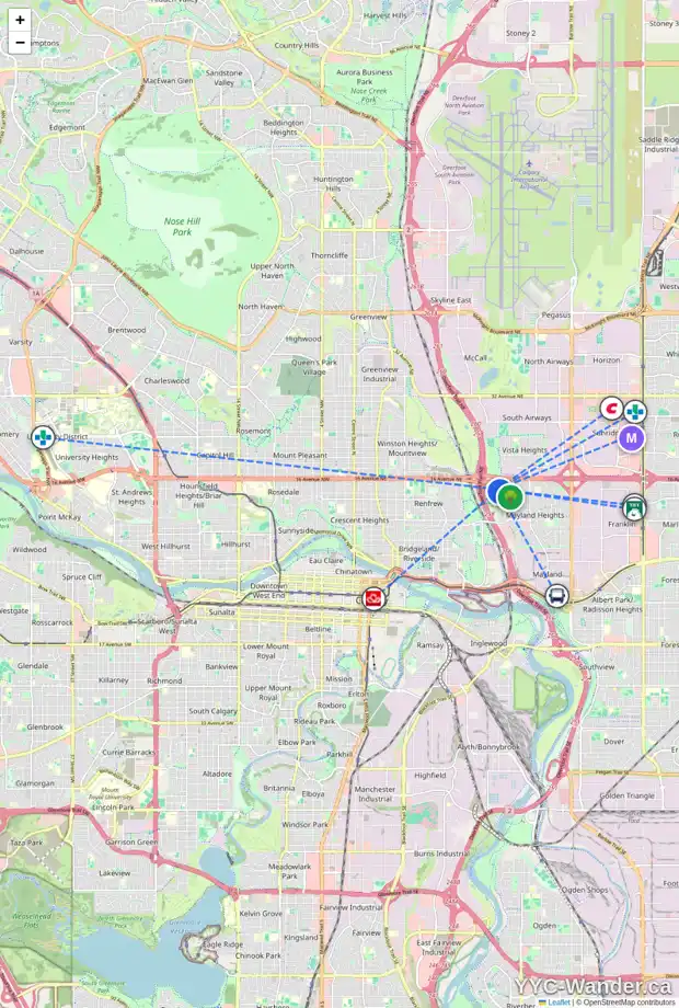 Daily accessibility map for 1451 16 ST NE, Calgary showing nearby schools, grocery stores, parks, LRT stations and nearby amenities