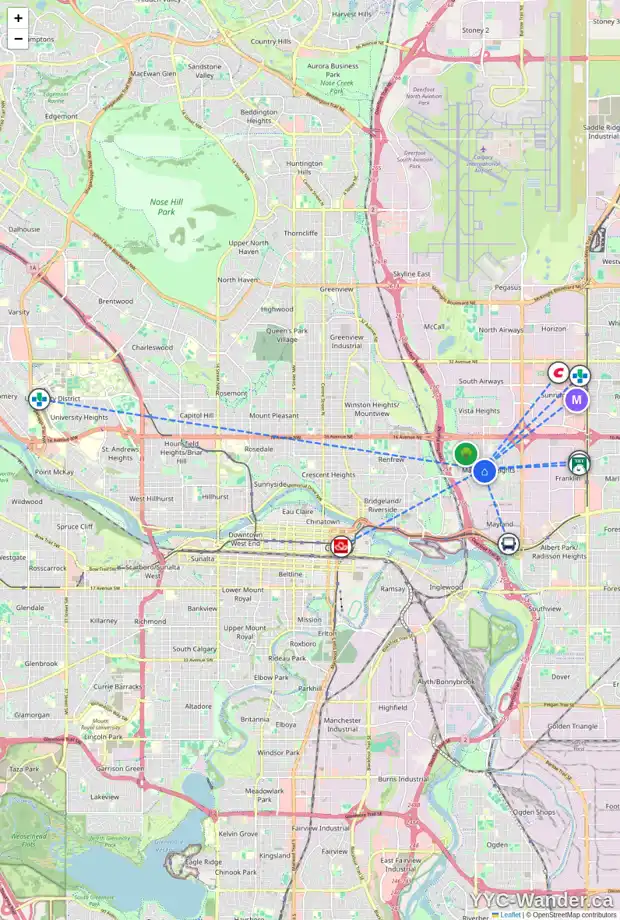 Daily accessibility map for 1003 19 ST NE, Calgary showing nearby schools, grocery stores, parks, LRT stations and nearby amenities