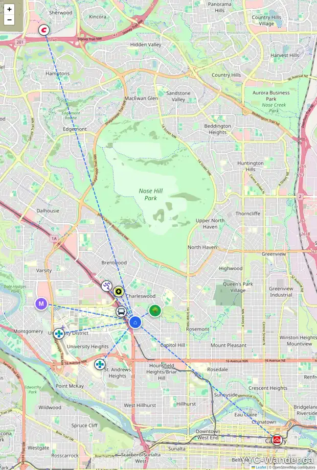 Daily accessibility map for 2812 24 ST NW, Calgary showing nearby schools, grocery stores, parks, LRT stations and nearby amenities