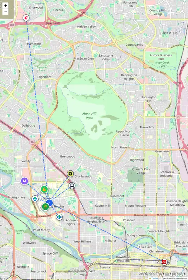 Daily accessibility map for 3616 UNDERHILL DR NW, Calgary showing nearby schools, grocery stores, parks, LRT stations and nearby amenities