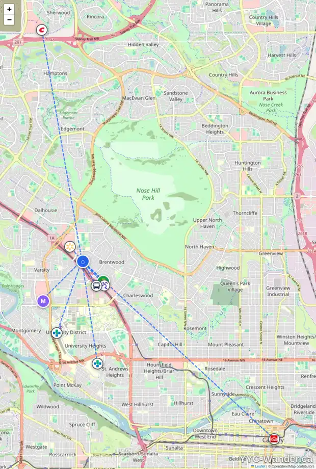 Daily accessibility map for 3431 BOULTON RD NW, Calgary showing nearby schools, grocery stores, parks, LRT stations and nearby amenities