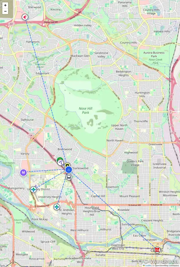 Daily accessibility map for 3424 CHARLESWOOD CR NW, Calgary showing nearby schools, grocery stores, parks, LRT stations and nearby amenities