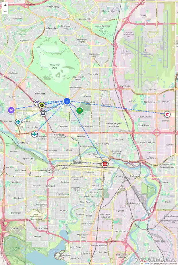 Daily accessibility map for 4024 COMANCHE RD NW, Calgary showing nearby schools, grocery stores, parks, LRT stations and nearby amenities