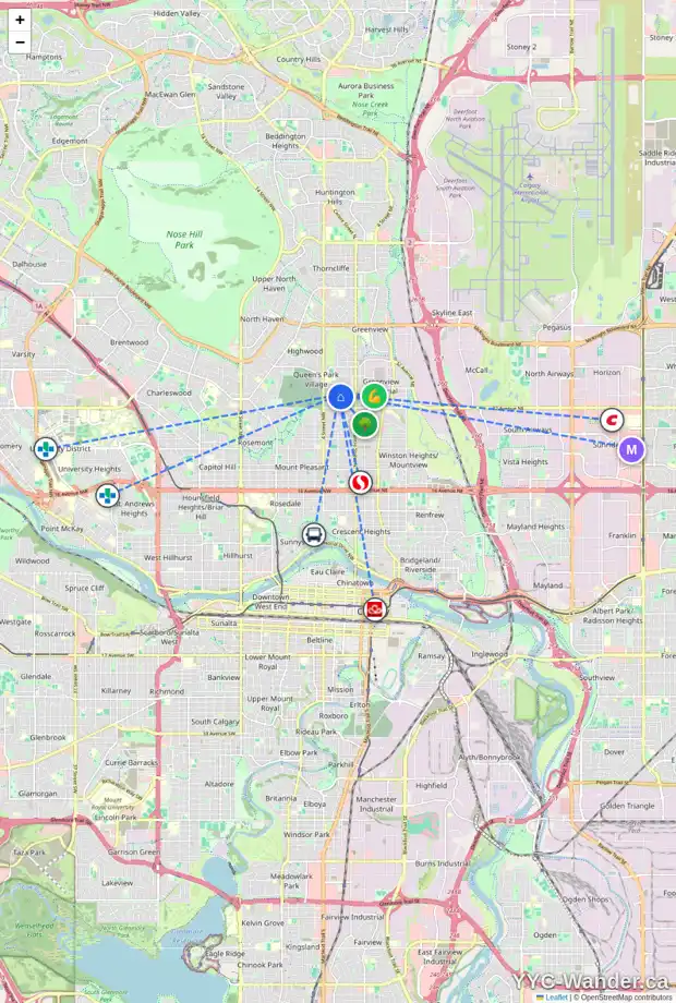 Daily accessibility map for 3517 2 ST NW, Calgary showing nearby schools, grocery stores, parks, LRT stations and nearby amenities