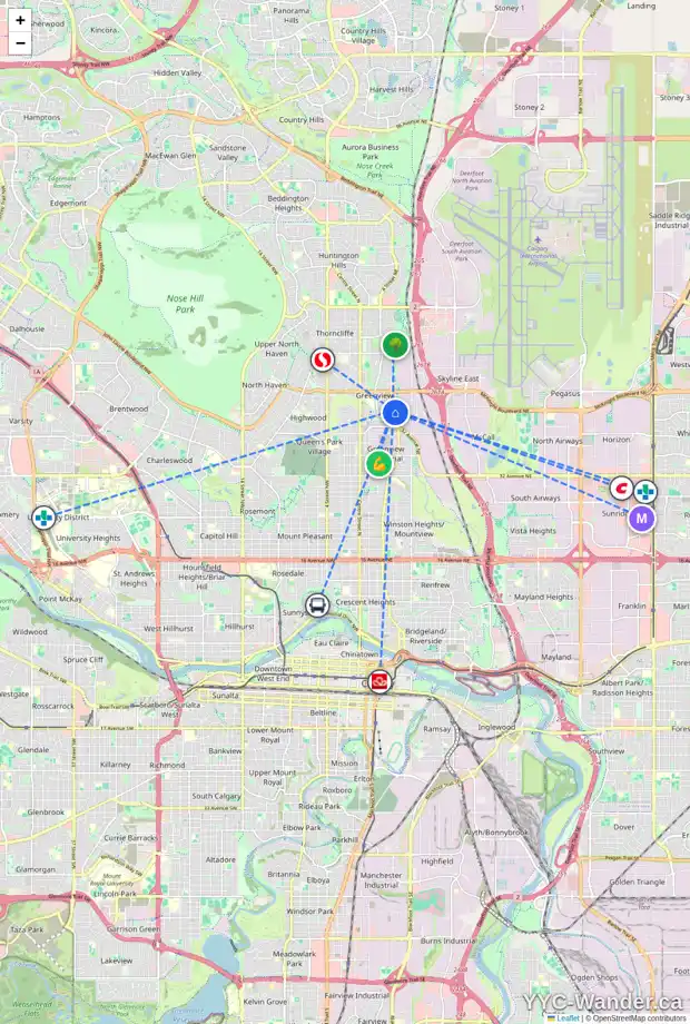 Daily accessibility map for 4511 EDMONTON TR NE, Calgary showing nearby schools, grocery stores, parks, LRT stations and nearby amenities