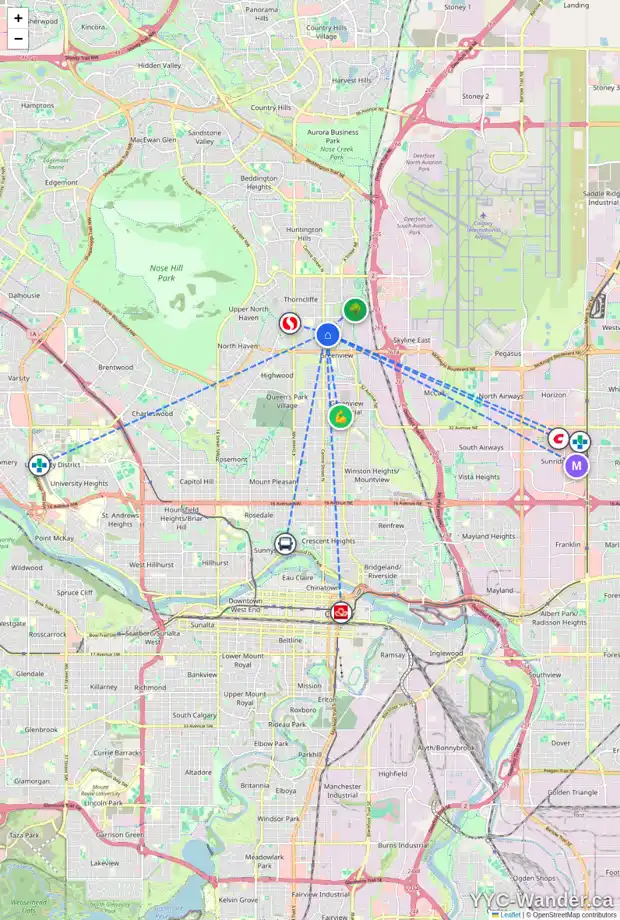 Daily accessibility map for 112 54 AV NE, Calgary showing nearby schools, grocery stores, parks, LRT stations and nearby amenities