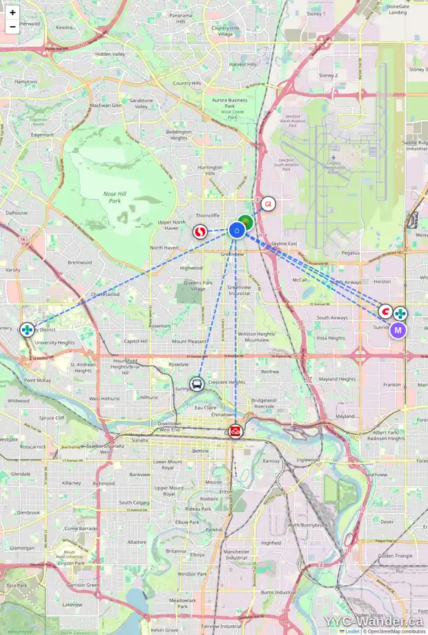 Daily accessibility map for 305 56 AV NE, Calgary showing nearby schools, grocery stores, parks, LRT stations and nearby amenities