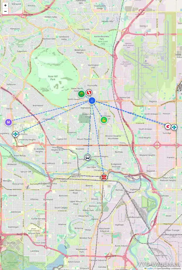 Daily accessibility map for 415 THORNHILL PL NW, Calgary showing nearby schools, grocery stores, parks, LRT stations and nearby amenities