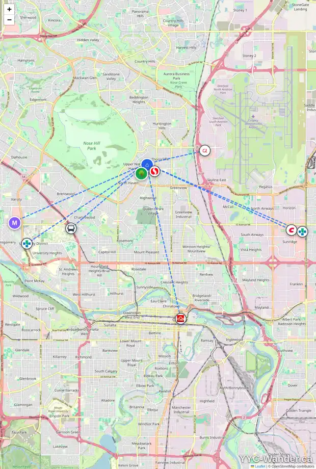 Daily accessibility map for 844 THORNEYCROFT DR NW, Calgary showing nearby schools, grocery stores, parks, LRT stations and nearby amenities