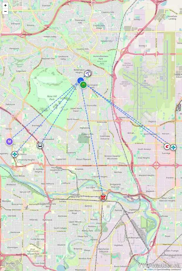 Daily accessibility map for 1111 HUNTERSTON RD NW, Calgary showing nearby schools, grocery stores, parks, LRT stations and nearby amenities