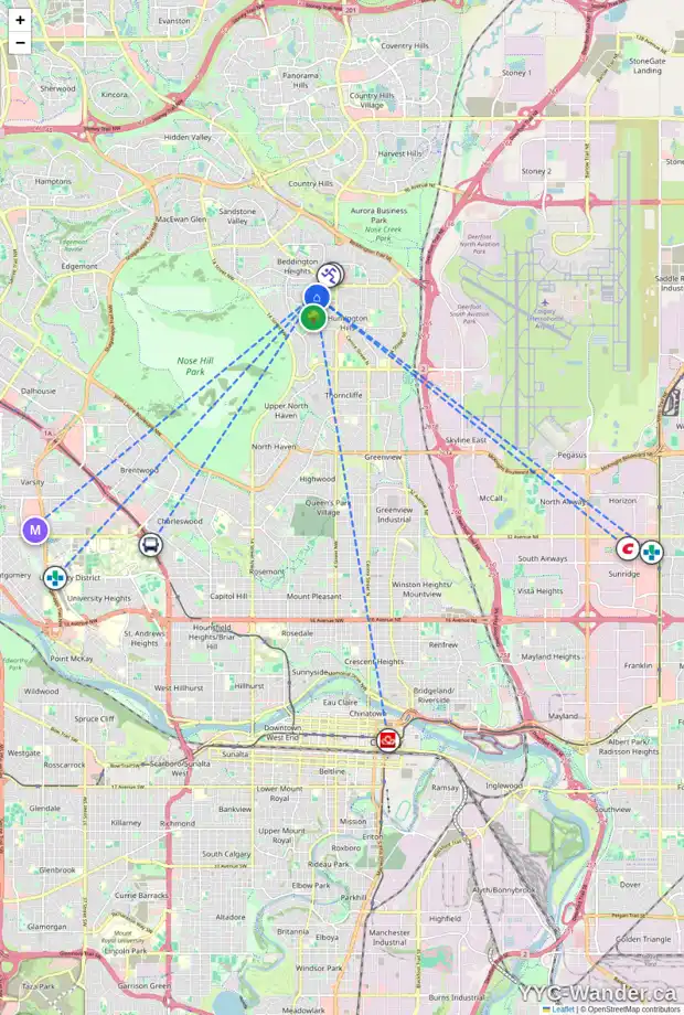 Daily accessibility map for 628 HUNTERSTON BA NW, Calgary showing nearby schools, grocery stores, parks, LRT stations and nearby amenities