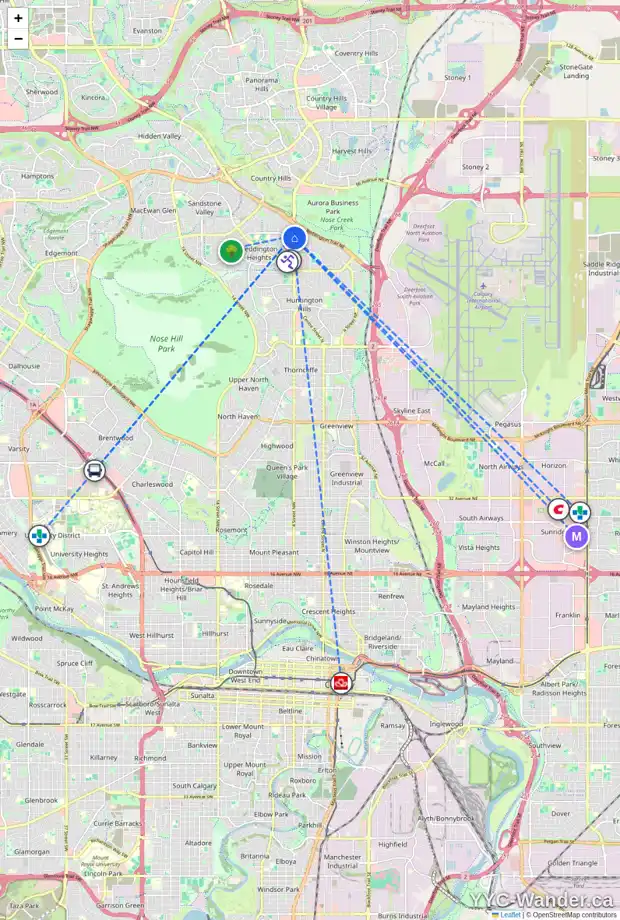 Daily accessibility map for 8 BERGEN CR NW, Calgary showing nearby schools, grocery stores, parks, LRT stations and nearby amenities