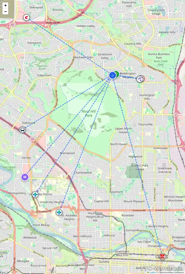 Daily accessibility map for 73 BEACHAM WY NW, Calgary showing nearby schools, grocery stores, parks, LRT stations and nearby amenities