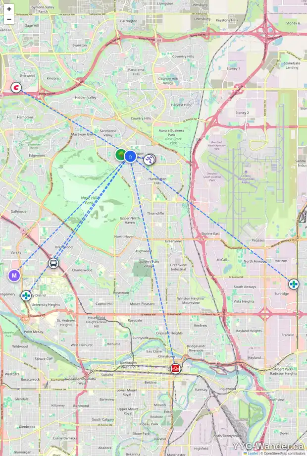 Daily accessibility map for 64 BERWICK CO NW, Calgary showing nearby schools, grocery stores, parks, LRT stations and nearby amenities