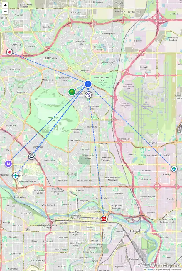 Daily accessibility map for 144 BERNARD CL NW, Calgary showing nearby schools, grocery stores, parks, LRT stations and nearby amenities