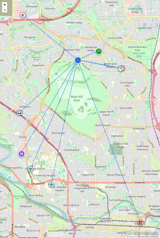 Daily accessibility map for 68 MACEWAN GLEN DR NW, Calgary showing nearby schools, grocery stores, parks, LRT stations and nearby amenities