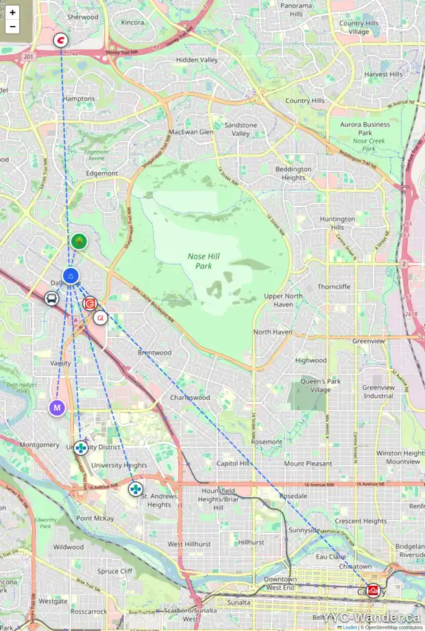 Daily accessibility map for 4519 DALHART RD NW, Calgary showing nearby schools, grocery stores, parks, LRT stations and nearby amenities