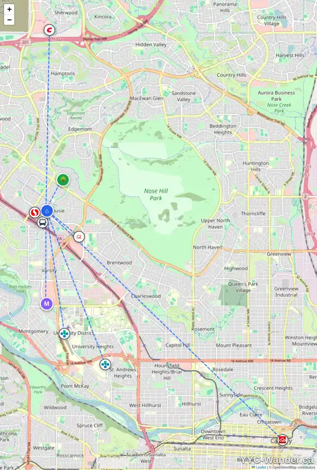 Daily accessibility map for 5835 DALFORD HL NW, Calgary showing nearby schools, grocery stores, parks, LRT stations and nearby amenities