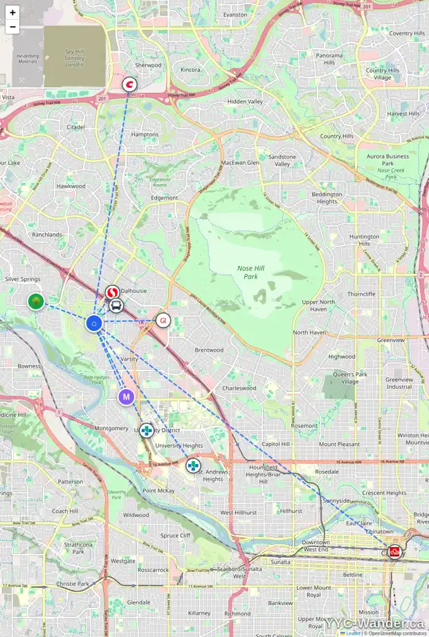 Daily accessibility map for 1210 VARSITY ESTATES RD NW, Calgary showing nearby schools, grocery stores, parks, LRT stations and nearby amenities