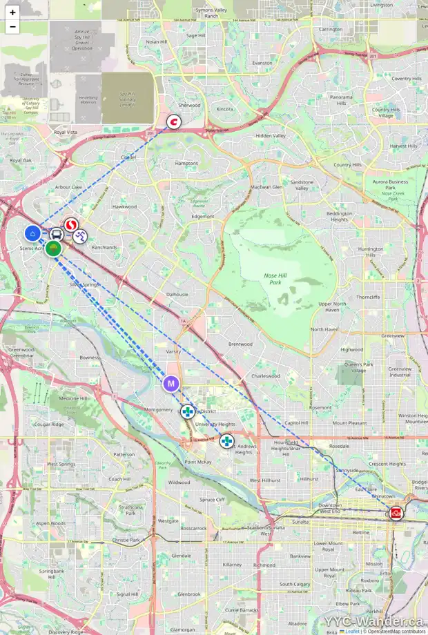 Daily accessibility map for 76 SCANLON PL NW, Calgary showing nearby schools, grocery stores, parks, LRT stations and nearby amenities