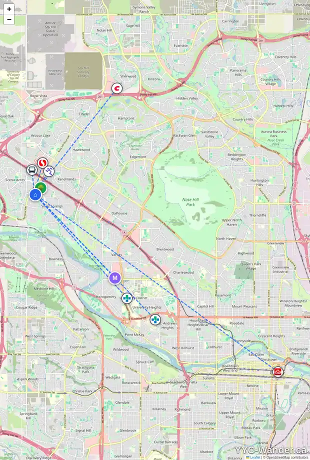 Daily accessibility map for 119 SILVERCREEK CL NW, Calgary showing nearby schools, grocery stores, parks, LRT stations and nearby amenities
