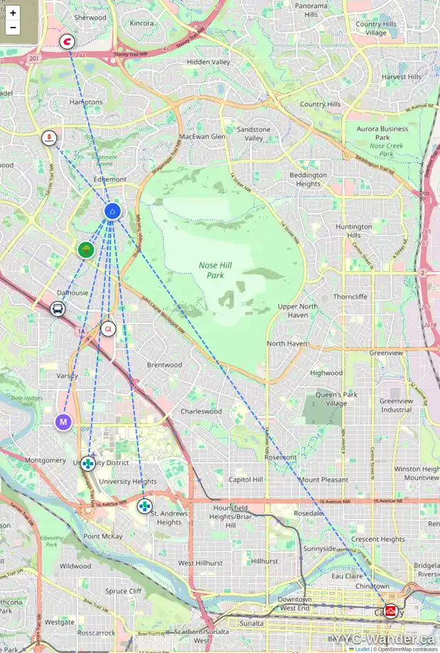 Daily accessibility map for 220 EDCATH PL NW, Calgary showing nearby schools, grocery stores, parks, LRT stations and nearby amenities