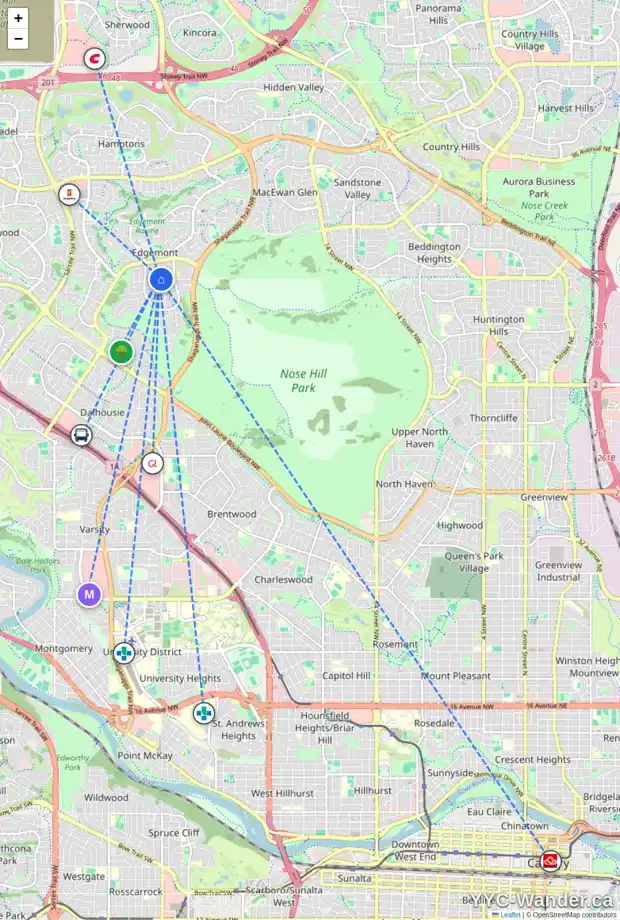 Daily accessibility map for 55 EDFORTH RD NW, Calgary showing nearby schools, grocery stores, parks, LRT stations and nearby amenities