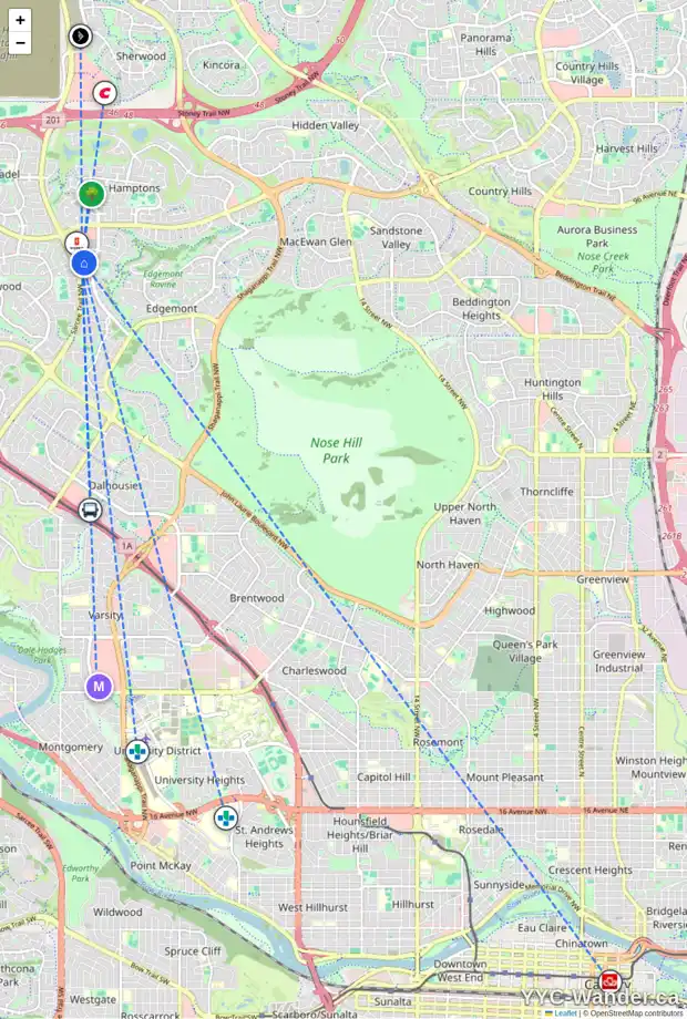 Daily accessibility map for 32 EDGEBURN CR NW, Calgary showing nearby schools, grocery stores, parks, LRT stations and nearby amenities