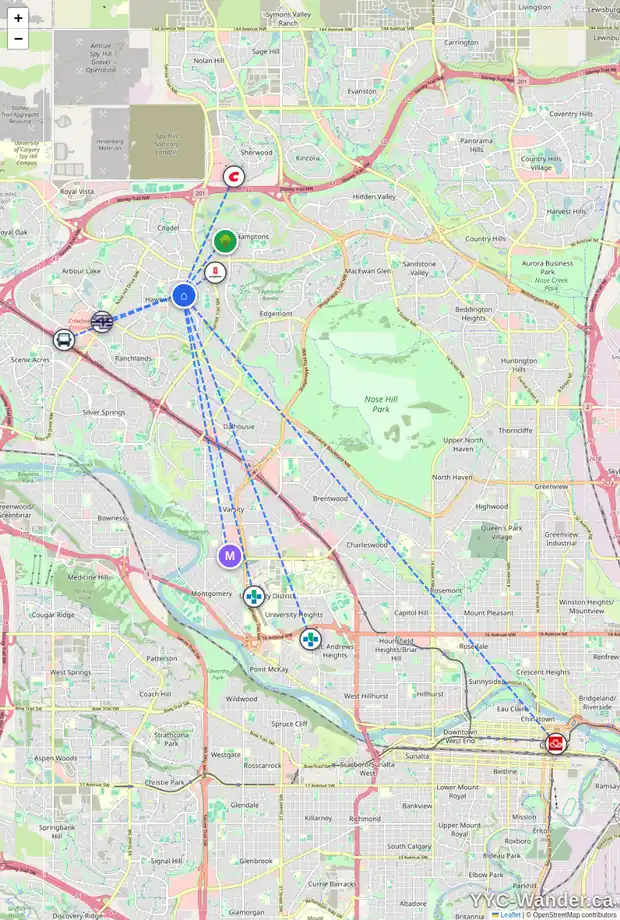 Daily accessibility map for 95 HAWKSTONE CL NW, Calgary showing nearby schools, grocery stores, parks, LRT stations and nearby amenities