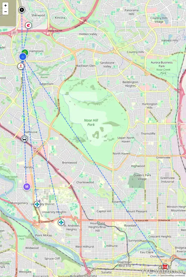 Daily accessibility map for 10025 HAMPTONS BV NW, Calgary showing nearby schools, grocery stores, parks, LRT stations and nearby amenities