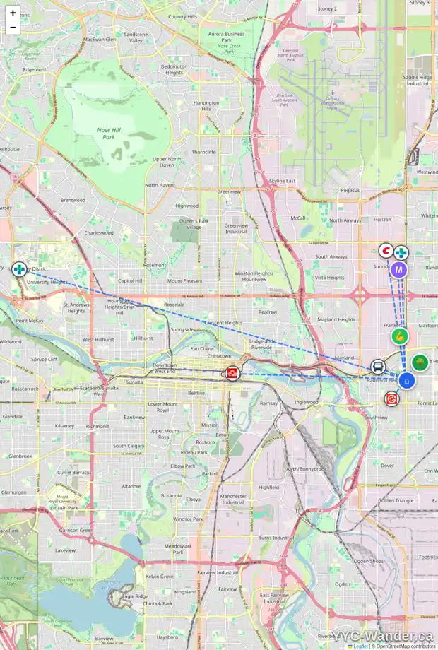Daily accessibility map for 923 36 ST SE, Calgary showing nearby schools, grocery stores, parks, LRT stations and nearby amenities
