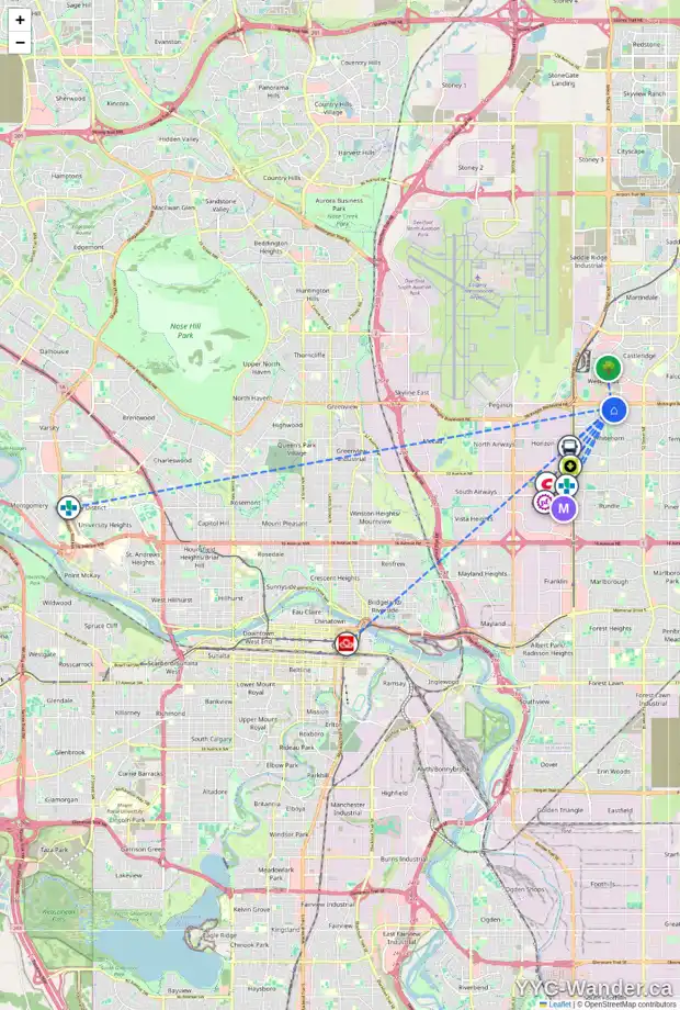 Daily accessibility map for 860 WHITEHILL WY NE, Calgary showing nearby schools, grocery stores, parks, LRT stations and nearby amenities