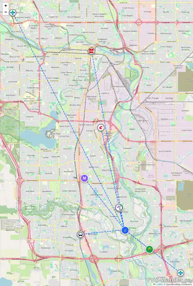 Daily accessibility map for 464 PARKRIDGE RI SE, Calgary showing nearby schools, grocery stores, parks, LRT stations and nearby amenities