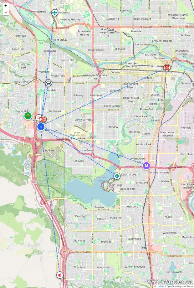 Daily accessibility map for 4384 90 GLAMIS DR SW, Calgary showing nearby schools, grocery stores, parks, LRT stations and nearby amenities