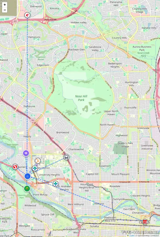 Daily accessibility map for 4427 19 AV NW, Calgary showing nearby schools, grocery stores, parks, LRT stations and nearby amenities