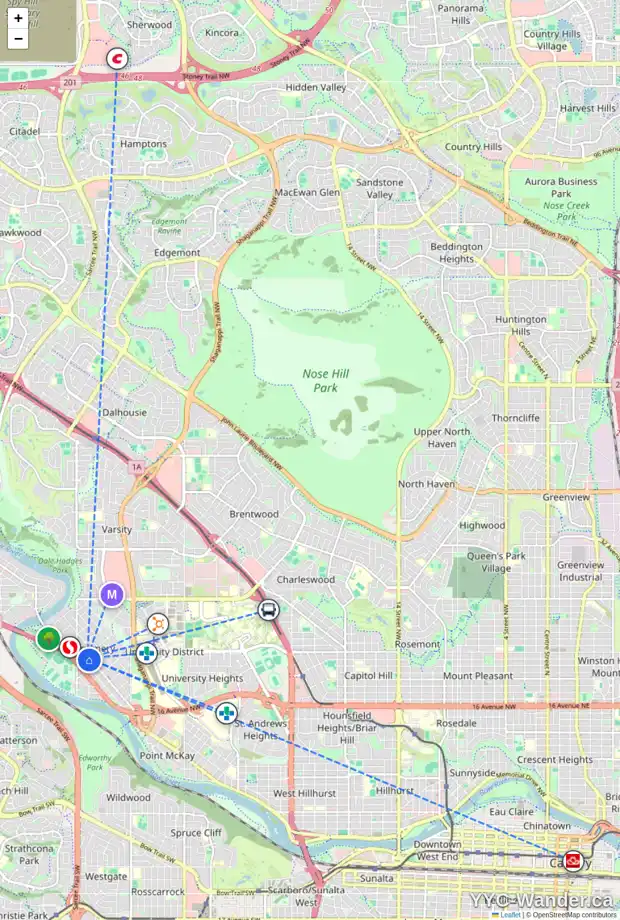 Daily accessibility map for 4737 BOWNESS RD NW, Calgary showing nearby schools, grocery stores, parks, LRT stations and nearby amenities