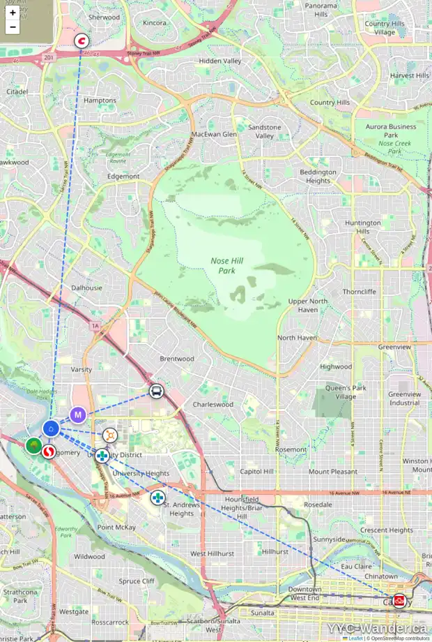 Daily accessibility map for 2112 52 ST NW, Calgary showing nearby schools, grocery stores, parks, LRT stations and nearby amenities