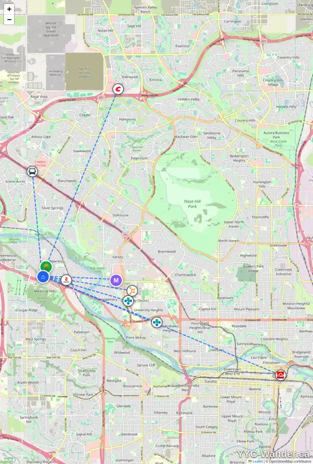 Daily accessibility map for 7836 BOWCLIFFE CR NW, Calgary showing nearby schools, grocery stores, parks, LRT stations and nearby amenities