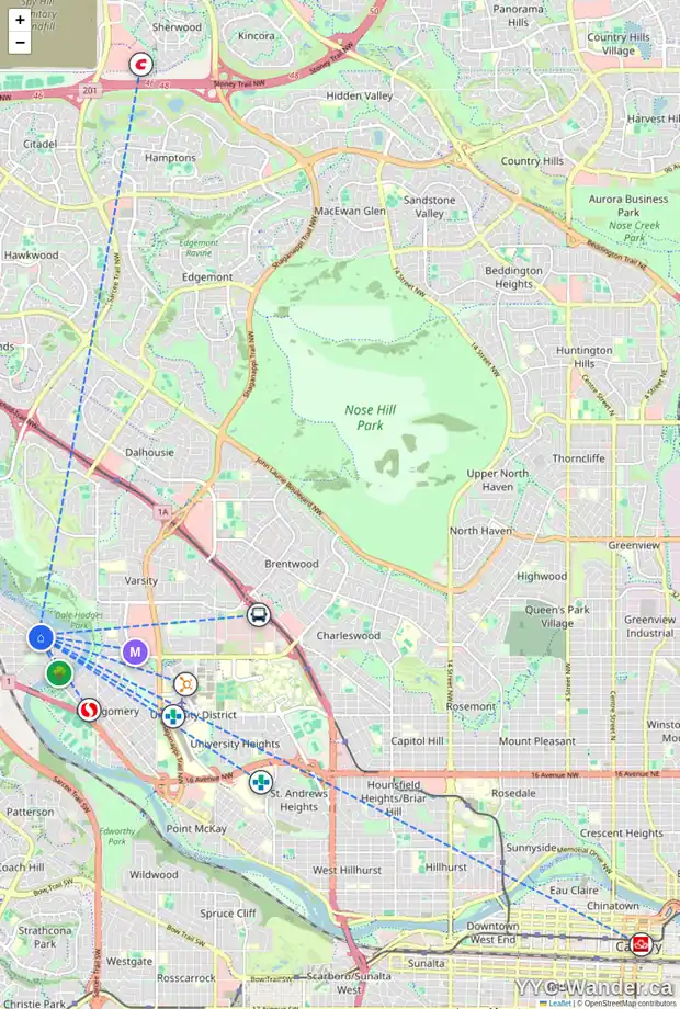 Daily accessibility map for 202 6148 BOWNESS RD NW, Calgary showing nearby schools, grocery stores, parks, LRT stations and nearby amenities