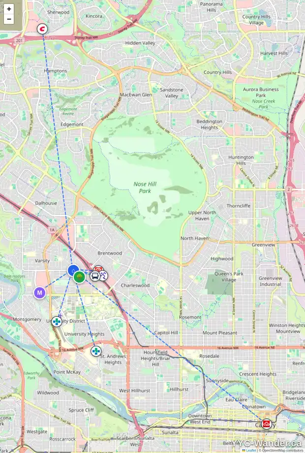 Daily accessibility map for 3828 40 AV NW, Calgary showing nearby schools, grocery stores, parks, LRT stations and nearby amenities