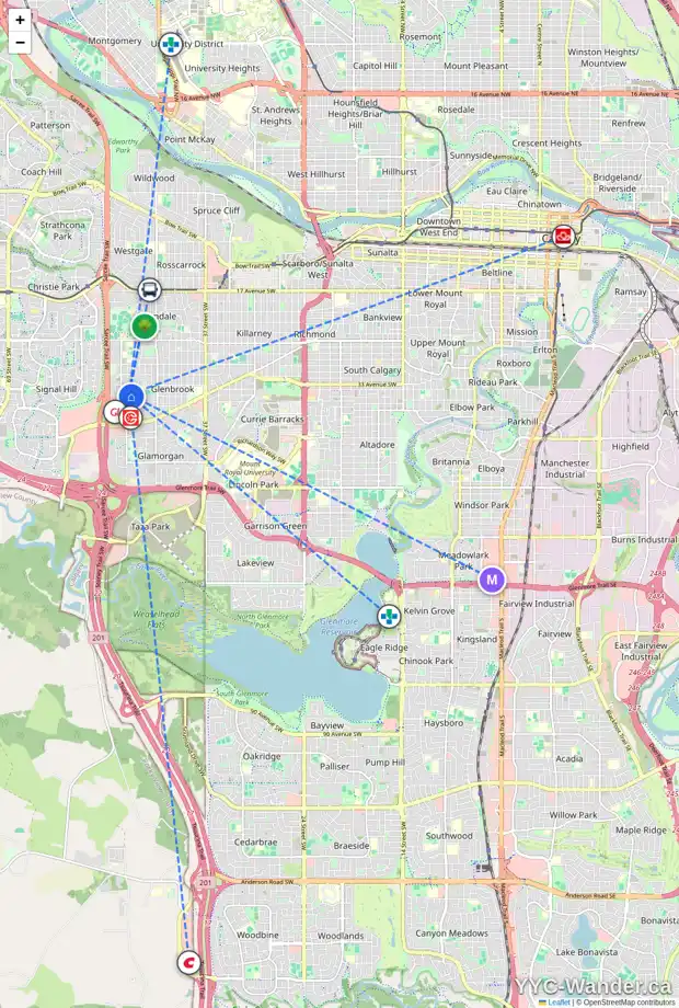 Daily accessibility map for 3540 49 ST SW, Calgary showing nearby schools, grocery stores, parks, LRT stations and nearby amenities